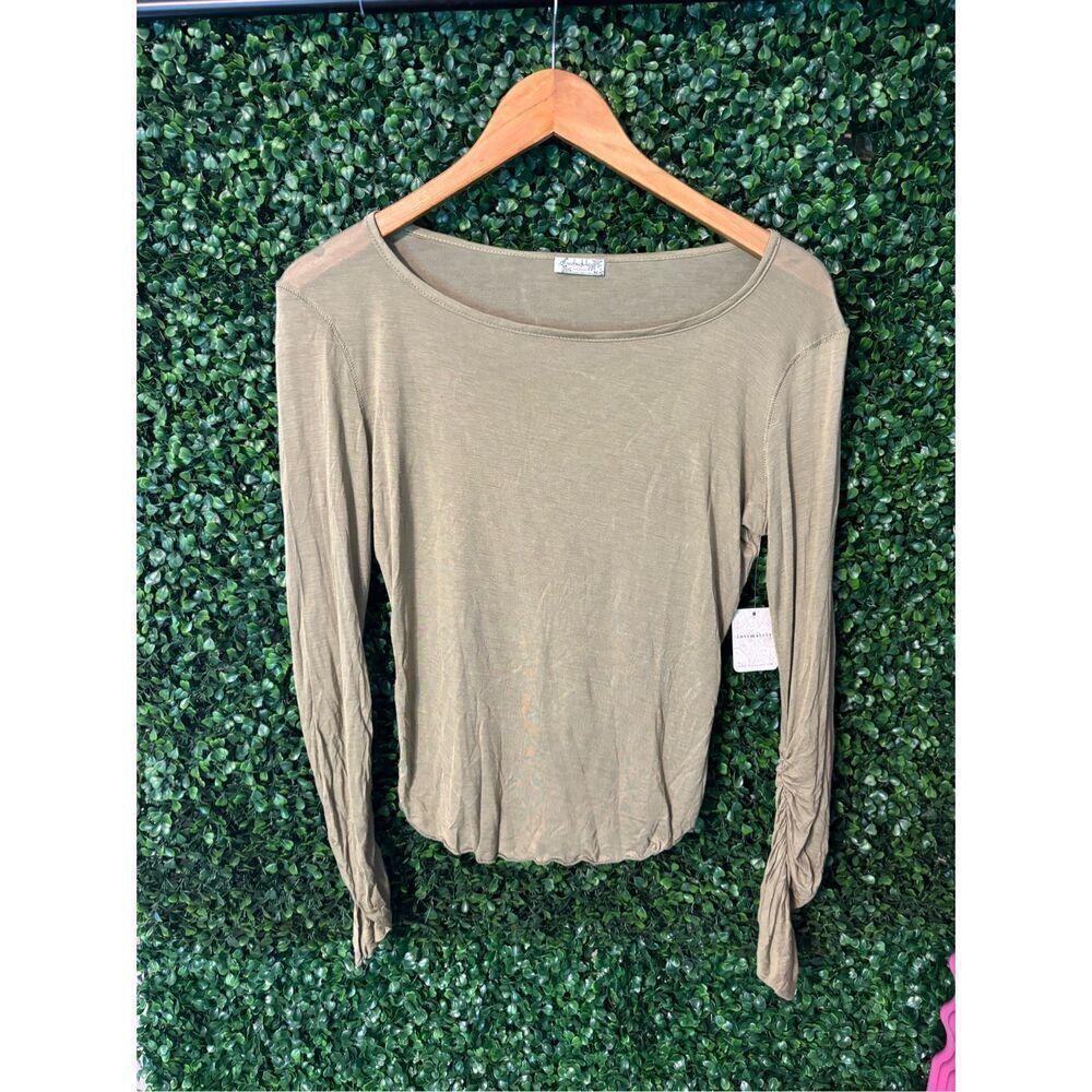 Free People Green Sheer Top Sz XS Ruched Sleeves NWT